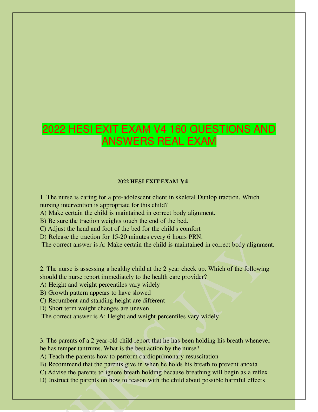 Preview image for 2022 HESI EXIT EXAM V4 160 QUESTIONS AND ANSWERS REAL EXAM